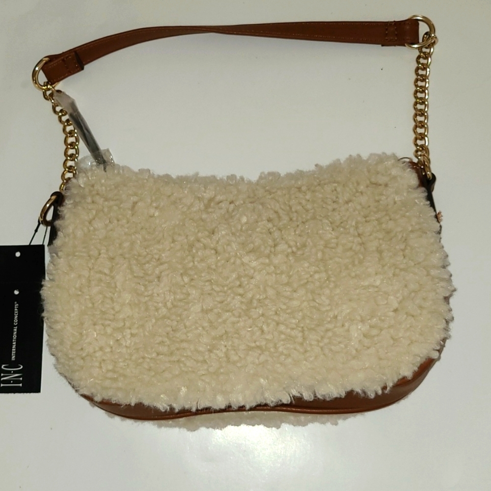INC Caramel Zoiey Zip Top Sherpa Bag NWT